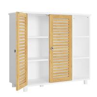 DE.SIKAIC Lagerschrank Weiß / Bambus / Modern Badezimmerschrank mit Doppeltüren aus Bambus 3 offene Fächer und Freistehender Beistellschrank 77x30x80 cm