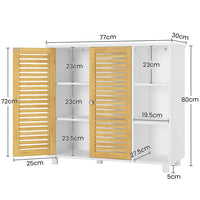 DE.SIKAIC Lagerschrank Weiß / Bambus / Modern Badezimmerschrank mit Doppeltüren aus Bambus 3 offene Fächer und Freistehender Beistellschrank 77x30x80 cm