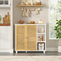 DE.SIKAIC Lagerschrank Weiß / Bambus / Modern Badezimmerschrank mit Doppeltüren aus Bambus 3 offene Fächer und Freistehender Beistellschrank 77x30x80 cm