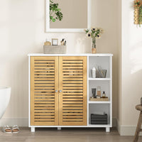 DE.SIKAIC Lagerschrank Weiß / Bambus / Modern Badezimmerschrank mit Doppeltüren aus Bambus 3 offene Fächer und Freistehender Beistellschrank 77x30x80 cm