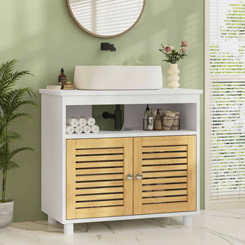 DE.SIKAIC Lagerschrank Weiß / Bambus / Modern Badezimmerschrank mit Doppeltüren aus Bambus EIN offenes Fach 60x30x60 cm Weiß