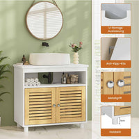 DE.SIKAIC Lagerschrank Weiß / Bambus / Modern Badezimmerschrank mit Doppeltüren aus Bambus EIN offenes Fach 60x30x60 cm Weiß