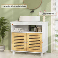 DE.SIKAIC Lagerschrank Weiß / Bambus / Modern Badezimmerschrank mit Doppeltüren aus Bambus EIN offenes Fach 60x30x60 cm Weiß