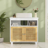 DE.SIKAIC Lagerschrank Weiß / Bambus / Modern Badezimmerschrank mit Doppeltüren aus Bambus EIN offenes Fach 60x30x60 cm Weiß