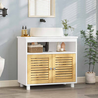 DE.SIKAIC Lagerschrank Weiß / Bambus / Modern Badezimmerschrank mit Doppeltüren aus Bambus EIN offenes Fach 60x30x60 cm Weiß