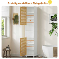 DE.SIKAIC Lagerschrank Weiß / Bambus / Modern Hochschrank Badezimmerschrank mit 2 offenen Fächern verstellbaren Ablagen 2 Bambustüren 32x30x190 cm Weiß