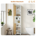 DE.SIKAIC Lagerschrank Weiß / Bambus / Modern Hochschrank Badezimmerschrank mit 2 offenen Fächern verstellbaren Ablagen 2 Bambustüren 32x30x190 cm Weiß