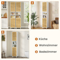 DE.SIKAIC Lagerschrank Weiß / Bambus / Modern Hochschrank Badezimmerschrank mit 2 offenen Fächern verstellbaren Ablagen 2 Bambustüren 32x30x190 cm Weiß
