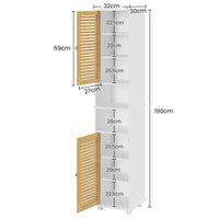 DE.SIKAIC Lagerschrank Weiß / Bambus / Modern Hochschrank Badezimmerschrank mit 2 offenen Fächern verstellbaren Ablagen 2 Bambustüren 32x30x190 cm Weiß