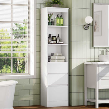 DE.SIKAIC Lagerschrank Weiß / Holzwerkstoff / 30T x 40B x 180H cm Badezimmerschrank Hochschrank 180x40x30cm mit 3 Schubladen Standregal mit verstellbaren Regalen  (Weiß)