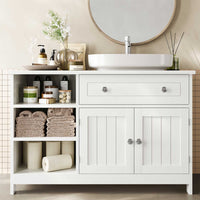 DE.SIKAIC Lagerschrank Weiß / Holzwerkstoff / Modern Badezimmerschrank mit Schublade und 3 verstellbare Ablagen, 90 x 30 x 60 cm, Weiß