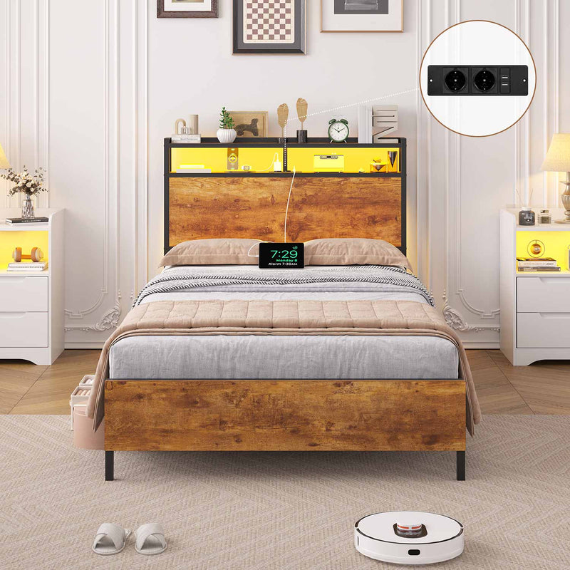 DE.SIKAIC Metallbett im modernen Stil mit LED-Beleuchtung, Braun