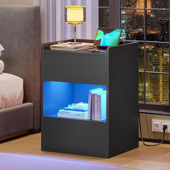 DE.SIKAIC Nachttische Schwarz / Holzspanplatte / Modern LED Nachttisch mit Ladestation, 2 Schubladen und 1 Fach Beistelltisch, für Schlafzimmer, Wohnzimmer 40x35x60cm