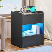 DE.SIKAIC Nachttische Schwarz / Holzspanplatte / Modern LED Nachttisch mit Ladestation, 2 Schubladen und 1 Fach Beistelltisch, für Schlafzimmer, Wohnzimmer 40x35x60cm