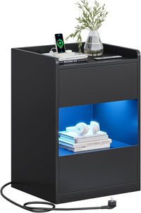 DE.SIKAIC Nachttische Schwarz / Holzspanplatte / Modern LED Nachttisch mit Ladestation, 2 Schubladen und 1 Fach Beistelltisch, für Schlafzimmer, Wohnzimmer 40x35x60cm