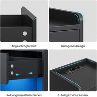 DE.SIKAIC Nachttische Schwarz / Holzspanplatte / Modern LED Nachttisch mit Ladestation, 2 Schubladen und 1 Fach Beistelltisch, für Schlafzimmer, Wohnzimmer 40x35x60cm