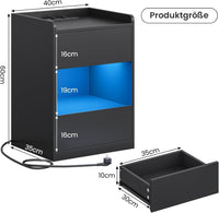 DE.SIKAIC Nachttische Schwarz / Holzspanplatte / Modern LED Nachttisch mit Ladestation, 2 Schubladen und 1 Fach Beistelltisch, für Schlafzimmer, Wohnzimmer 40x35x60cm