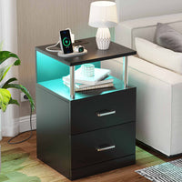 DE.SIKAIC Nachttische Schwarz / Holzspanplatte / Modern Nachttisch mit Ladestation und LED-Leuchten moderner Beistelltisch für Schlafzimmer Schwarz