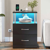 DE.SIKAIC Nachttische Schwarz / Holzspanplatte / Modern Nachttisch mit Ladestation und LED-Leuchten moderner Beistelltisch für Schlafzimmer Schwarz