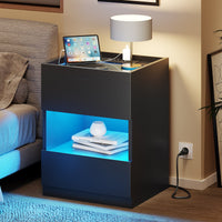 DE.SIKAIC Nachttische Schwarz / Holzspanplatte / Modern Nachttisch mit Ladestation und LED-Leuchten,  Schubladen und offenem Stauraum Schwarz