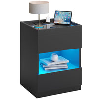 DE.SIKAIC Nachttische Schwarz / Holzspanplatte / Modern Nachttisch mit Ladestation und LED-Leuchten,  Schubladen und offenem Stauraum Schwarz