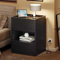 DE.SIKAIC Nachttische Schwarz / Holzspanplatte / Modern Nachttisch mit Ladestation und LED-Leuchten,  Schubladen und offenem Stauraum Schwarz