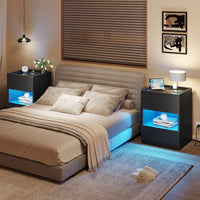 DE.SIKAIC Nachttische Schwarz / Holzspanplatte / Modern Nachttisch mit Ladestation und LED-Leuchten,  Schubladen und offenem Stauraum Schwarz