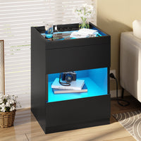 DE.SIKAIC Nachttische Schwarz / Holzspanplatte / Modern Nachttisch mit Ladestation und LED-Leuchten,  Schubladen und offenem Stauraum Schwarz