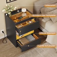 DE.SIKAIC Nachttische Schwarz / Holzspanplatte / Modern Nachttisch mit Ladestation und LED-Leuchten,  Schubladen und offenem Stauraum Schwarz
