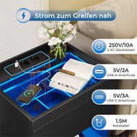 DE.SIKAIC Nachttische Schwarz / Holzspanplatte / Modern Nachttisch mit Ladestation und LED-Leuchten,  Schubladen und offenem Stauraum Schwarz