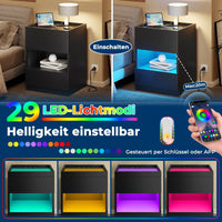 DE.SIKAIC Nachttische Schwarz / Holzspanplatte / Modern Nachttisch mit Ladestation und LED-Leuchten,  Schubladen und offenem Stauraum Schwarz