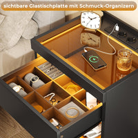DE.SIKAIC Nachttische Schwarz / Holzspanplatte / Modern Nachttisch mit Ladestation und LED-Leuchten,  Schubladen und offenem Stauraum Schwarz