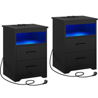 DE.SIKAIC Nachttische Schwarz / Holzwerkstoff / 2 Nachttisch mit LED-Beleuchtung und Ladestation