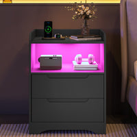 DE.SIKAIC Nachttische Schwarz / Holzwerkstoff / Modern Nachttisch 2er-Set mit Ladefunktion und LED-Licht, Schwarz