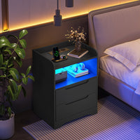 DE.SIKAIC Nachttische Schwarz / Holzwerkstoff / Modern Nachttisch 2er-Set mit Ladefunktion und LED-Licht, Schwarz