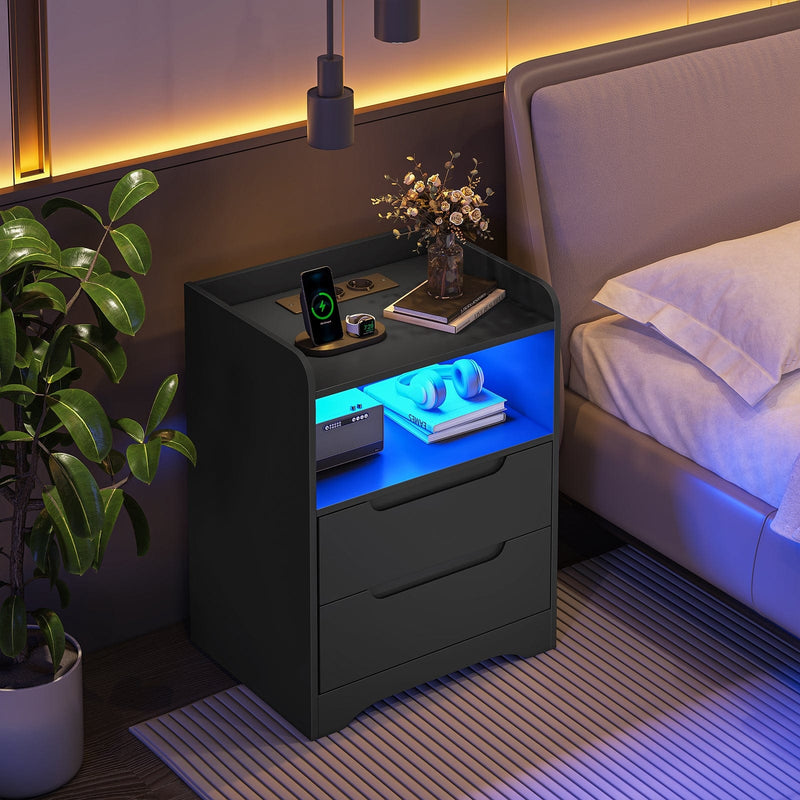 DE.SIKAIC Nachttische Schwarz / Holzwerkstoff / Modern Nachttisch 2er-Set mit Ladefunktion und LED-Licht, Schwarz