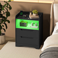 DE.SIKAIC Nachttische Schwarz / Holzwerkstoff / Modern Nachttisch 2er-Set mit Ladefunktion und LED-Licht, Schwarz