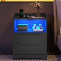 DE.SIKAIC Nachttische Schwarz / Holzwerkstoff / Modern Nachttisch 2er-Set mit Ladefunktion und LED-Licht, Schwarz