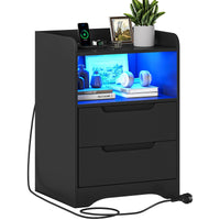 DE.SIKAIC Nachttische Schwarz / Holzwerkstoff / Modern Nachttisch 2er-Set mit Ladefunktion und LED-Licht, Schwarz