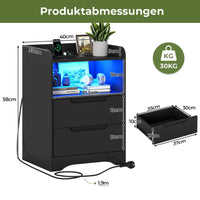 DE.SIKAIC Nachttische Schwarz / Holzwerkstoff / Modern Nachttisch 2er-Set mit Ladefunktion und LED-Licht, Schwarz