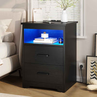 DE.SIKAIC Nachttische Schwarz / Holzwerkstoff / Modern Nachttisch mit LED-Beleuchtung und Ladestation (1, Schwarz)