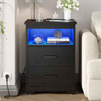 DE.SIKAIC Nachttische Schwarz / Holzwerkstoff / Modern Nachttisch mit LED-Beleuchtung und Ladestation (1, Schwarz)