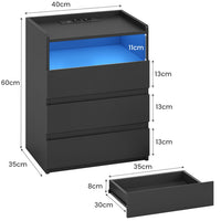DE.SIKAIC Nachttische Schwarz / Modern / Holz Moderner LED-Nachttisch mit Steckdose und 3 Schubladen, Schwarz