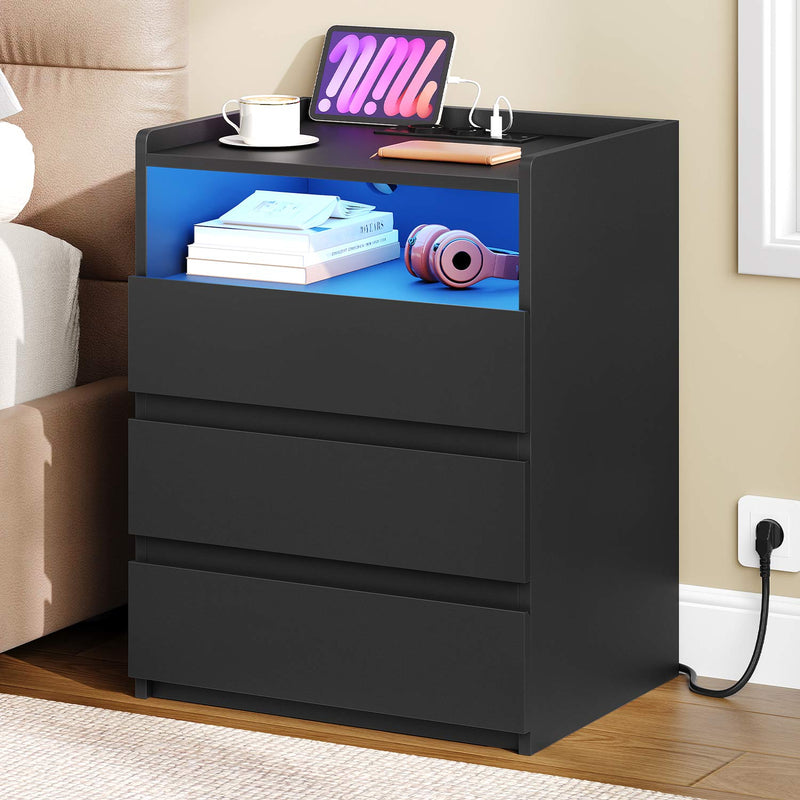 DE.SIKAIC Nachttische Schwarz / Modern / Holz Moderner LED-Nachttisch mit Steckdose und 3 Schubladen, Schwarz