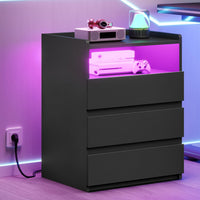 DE.SIKAIC Nachttische Schwarz / Modern / Holz Moderner LED-Nachttisch mit Steckdose und 3 Schubladen, Schwarz