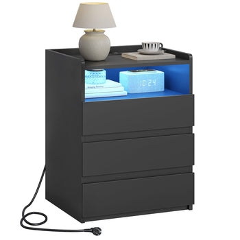 DE.SIKAIC Nachttische Schwarz / Modern / Holz Moderner LED-Nachttisch mit Steckdose und 3 Schubladen, Schwarz