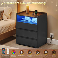 DE.SIKAIC Nachttische Schwarz / Modern / Holz Moderner LED-Nachttisch mit Steckdose und 3 Schubladen, Schwarz