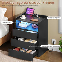 DE.SIKAIC Nachttische Schwarz / Modern / Holz Moderner LED-Nachttisch mit Steckdose und 3 Schubladen, Schwarz
