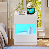 DE.SIKAIC Nachttische Weiß / Holzspanplatte / Modern LED Nachttisch mit Ladestation, 2 Schubladen und 1 Fach Beistelltisch, für Schlafzimmer, Wohnzimmer, Weiß