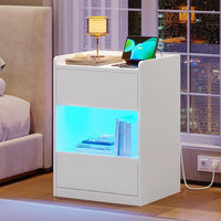 DE.SIKAIC Nachttische Weiß / Holzspanplatte / Modern LED Nachttisch mit Ladestation, 2 Schubladen und 1 Fach Beistelltisch, für Schlafzimmer, Wohnzimmer, Weiß